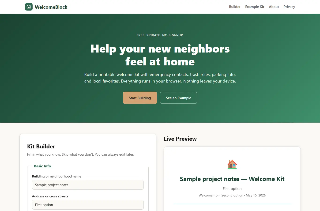 Screenshot of WelcomeBlock: New-Neighbor Welcome Kit Builder interface showing the project page in use